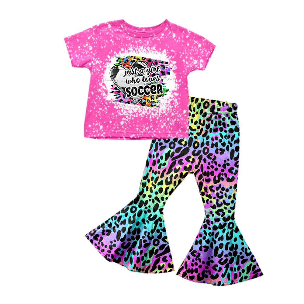 preorder GSPO1273 Pink Leopard Soccer Love Girls Short Sleeve Pants Outfits