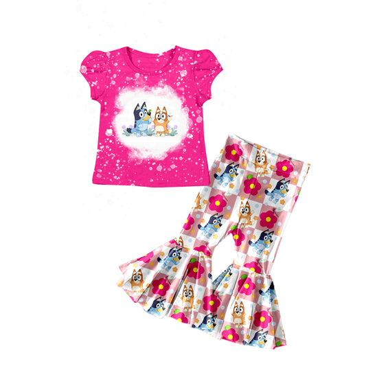 preorder GSPO1275  Pink Blue Dog cartoon Girls Short Sleeve Pants Outfits