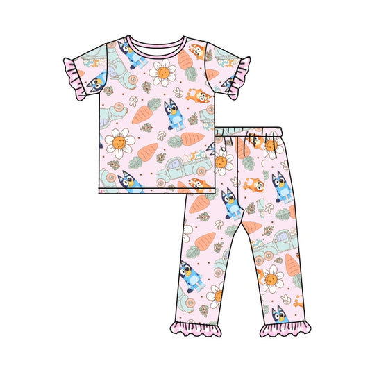 preorder GSPO1278 Easter Blue Dog Cartoon Rabbit Girls Short Sleeve Pants Outfits Pajamas