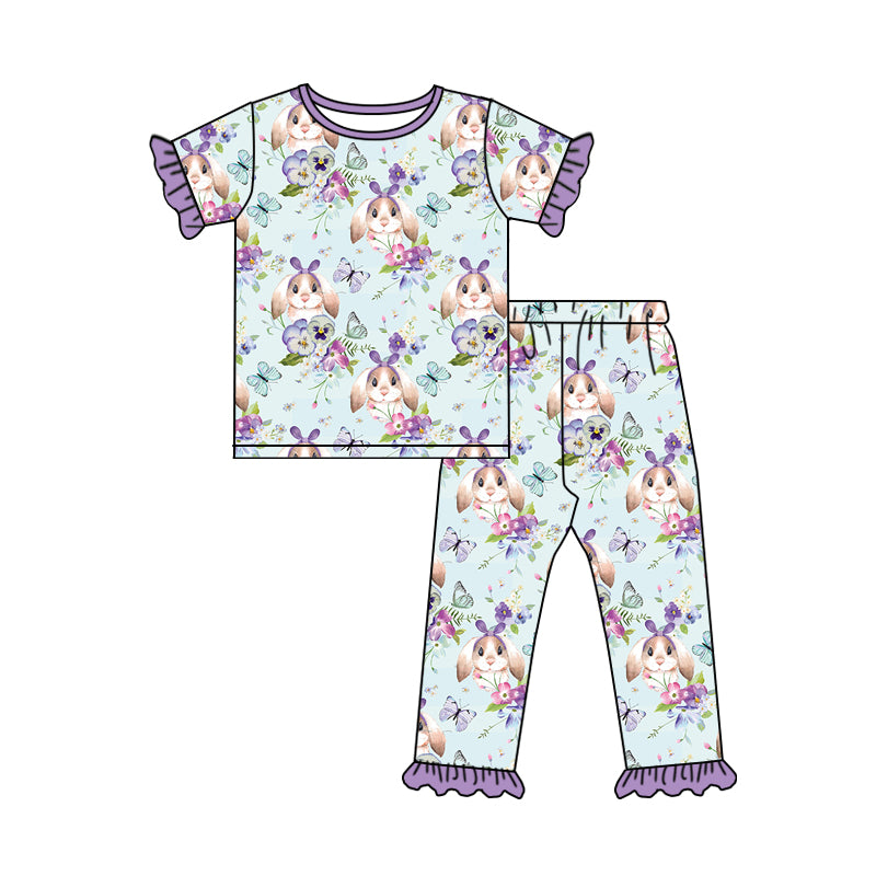 preorder GSPO1279 Easter Purple Rabbit Girls Short Sleeve Pants Outfits Pajamas