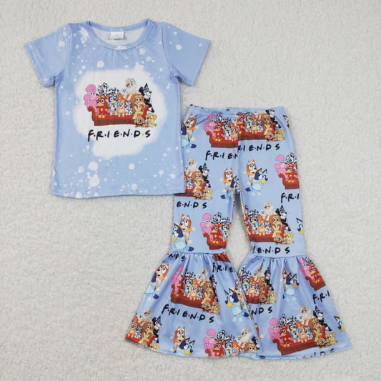 GSPO1286 Cartoon Bluey Friends Blue Girls Short Sleeve Bell Bottom Pants Shorts Outfits RTS 202508
