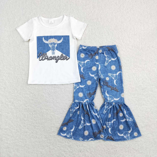 GSPO1287 Cowgirl Clothing Blue White Girls Short Sleeve Bell Bottom Pants Shorts Outfits 202504 RTS