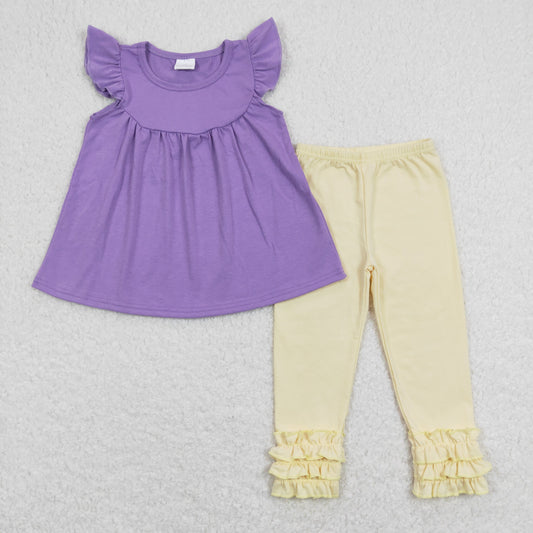 GSPO1322 Purple Ruffle Flying Sleeve with Yellow Legging Pants Girls Outfits RTS 202508