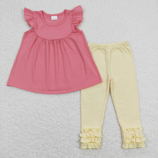 GSPO1323 Coral Red Ruffle Flying Sleeve with Yellow Legging Pants Girls Outfits RTS 202508