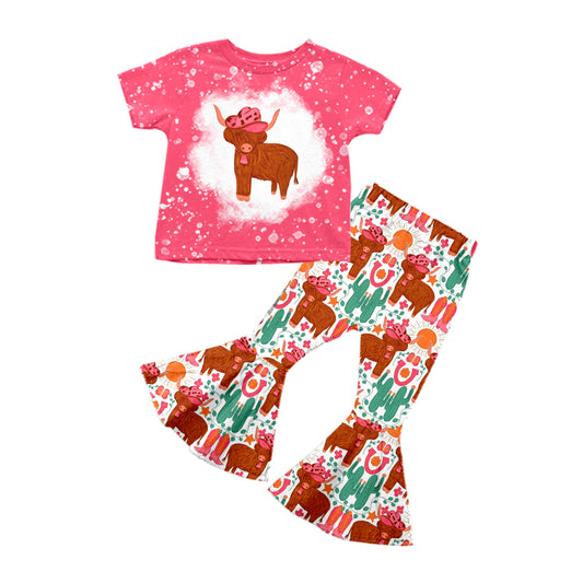 preorder GSPO1334 Pink Highland Cow Girls Short Sleeve Pants Outfits