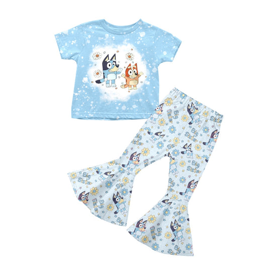 preorder GSPO1336 Blue Dog Cartoon Girls Short Sleeve Pants Outfits