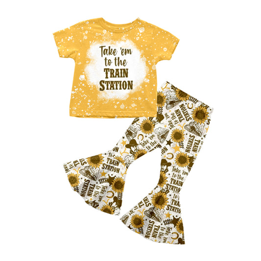 preorder GSPO1337 Yellow Train Station Sunflower Girls Short Sleeve Pants Outfits