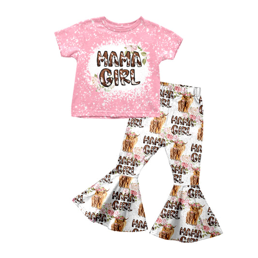 preorder GSPO1339 Pink Floral Highland Cow Mama girl Girls Short Sleeve Pants Outfits