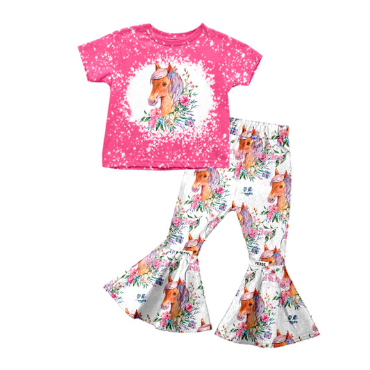 preorder GSPO1340 Pink Floral Horse Girls Short Sleeve Pants Outfits