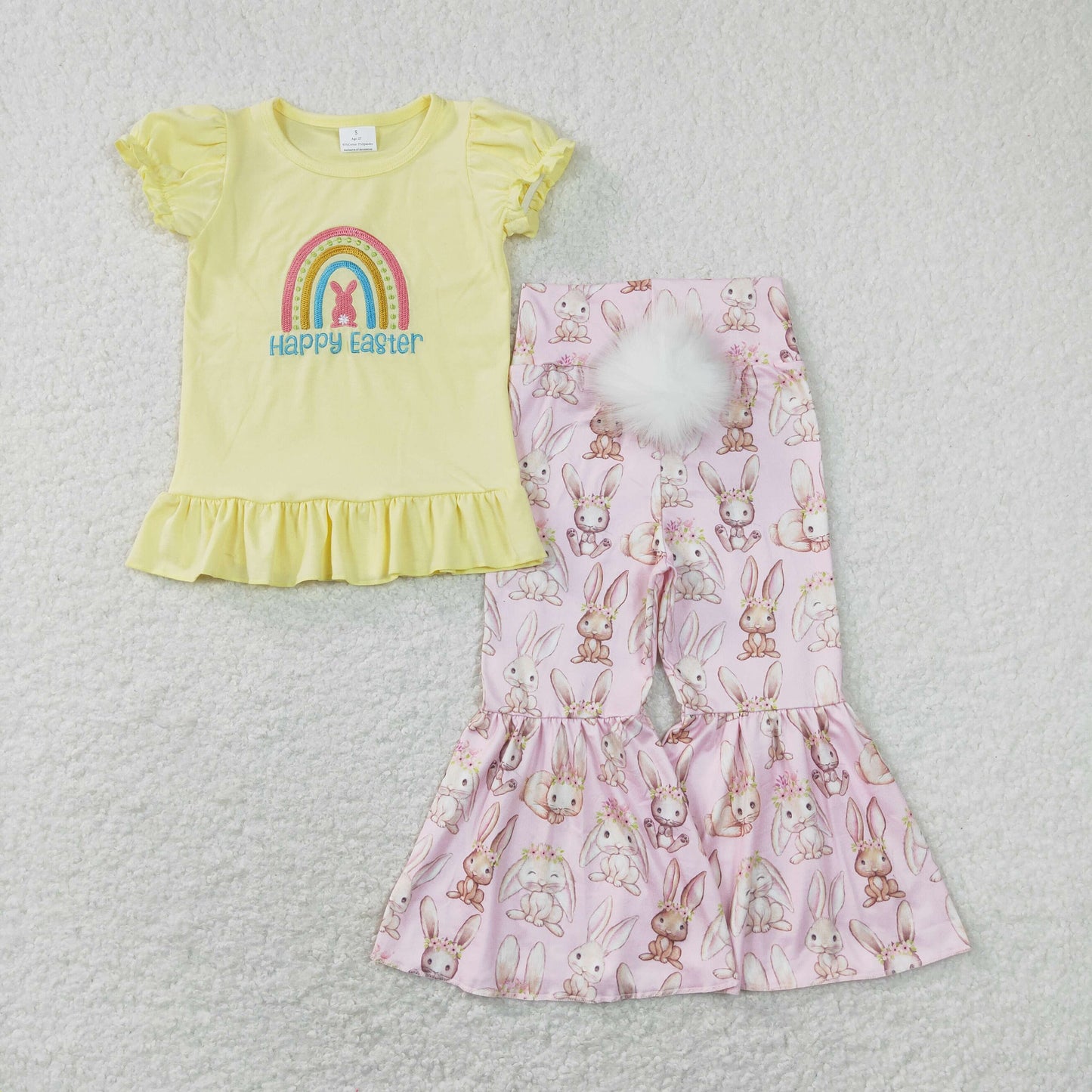GSPO1345 Easter Bunny Yellow Short Sleeve White Plush Ball Pink Bell Bottom Pants Girls Sets RTS 202507