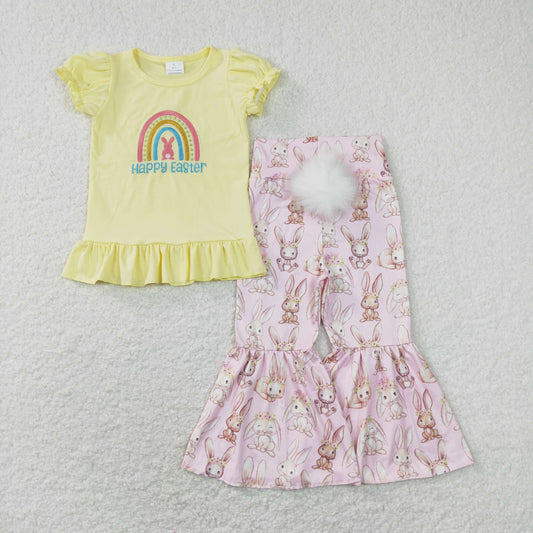GSPO1345 Easter Bunny Yellow Short Sleeve White Plush Ball Pink Bell Bottom Pants Girls Sets RTS 202507