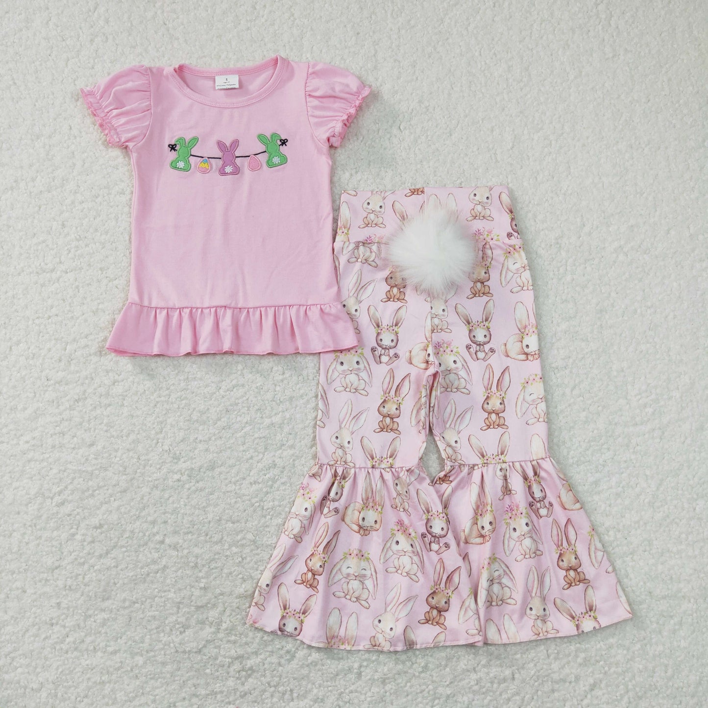 GSPO1346 Easter Bunny Pink Short Sleeve White Plush Ball Bell Bottom Pants Girls Sets RTS 202507
