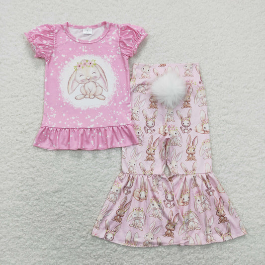 GSPO1347 Easter Bunny Rose Red Short Sleeve White Plush Ball Bell Bottom Pants Girls Sets RTS 202507