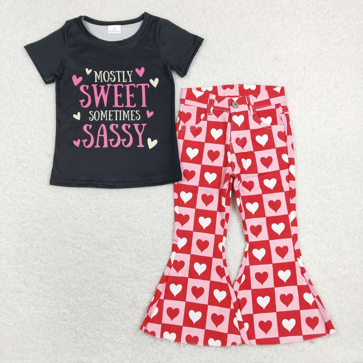 GSPO1364  2Pcs Pink love Valentine  Denim Girls Short Sleeve Bell Bottom Pants Outfits