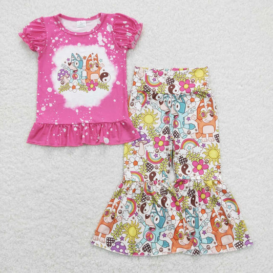 GSPO1375 Cartoon Bluey Flower Rose Red Short Sleeve Bell Bottom Pants Girls Outfits RTS 202508