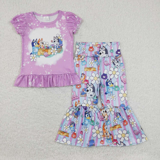 GSPO1376 Cartoon Bluey Purple Girls Short Sleeve Bell Bottom Pants Shorts Outfits RTS 202508
