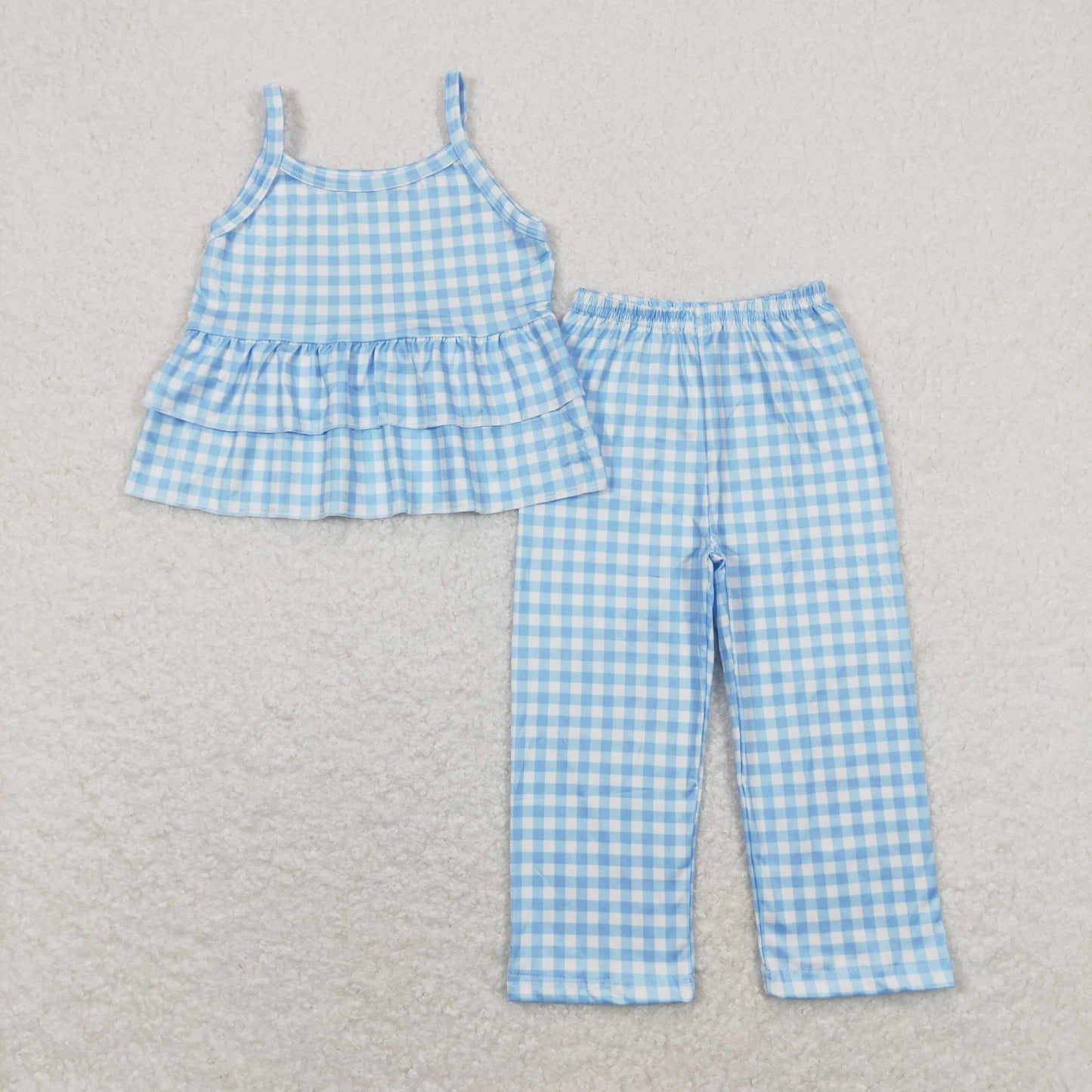 GSPO1378 blue plaid ruffle halter top pants sets girls boutique outfit 20240408 RTS