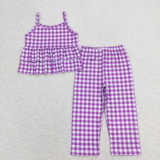 GSPO1379 Purple Plaid Ruffle Halter Pants Girls Sets RTS 202508