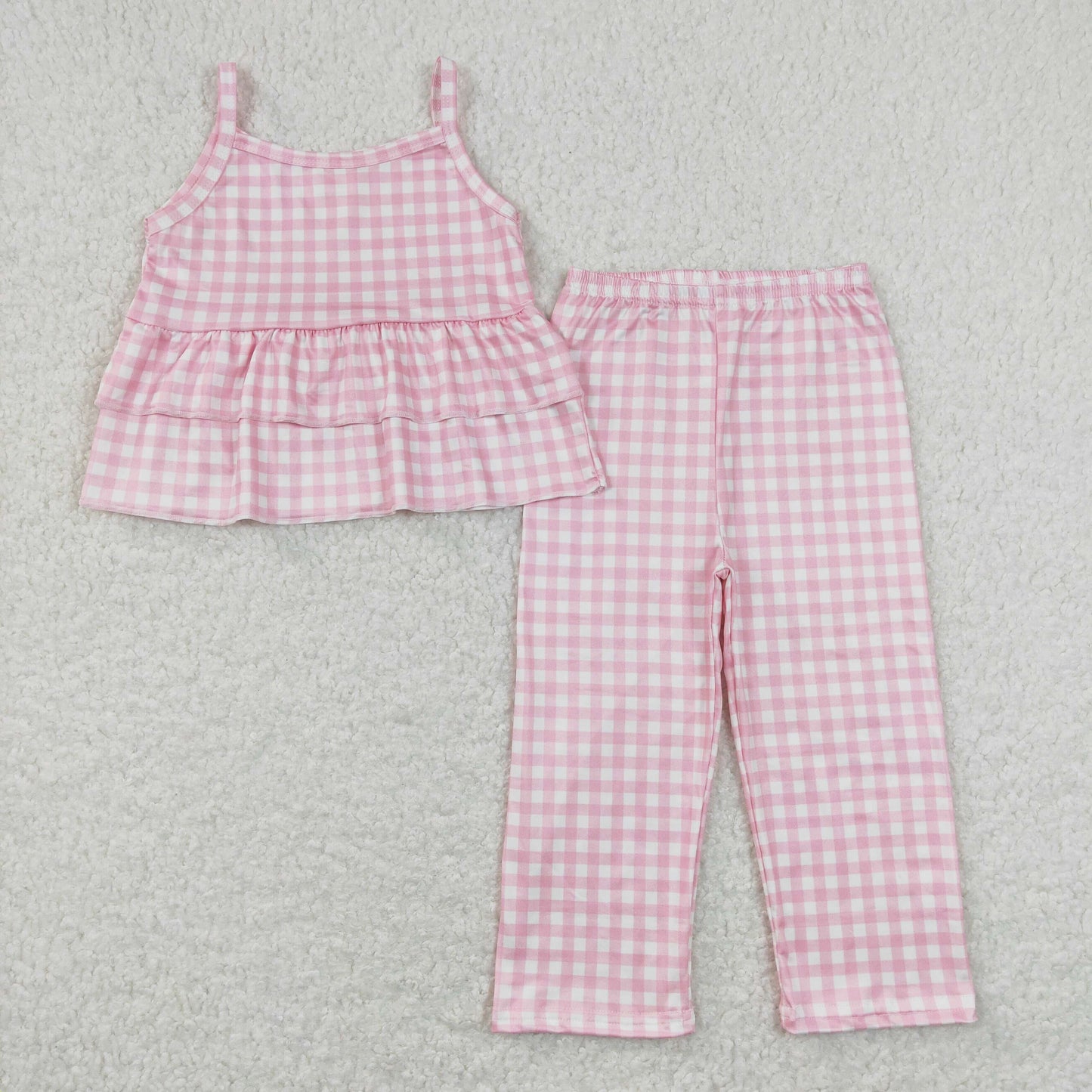 GSPO1380 Pink Plaid Ruffle Halter Pants Girls Sets RTS 202508
