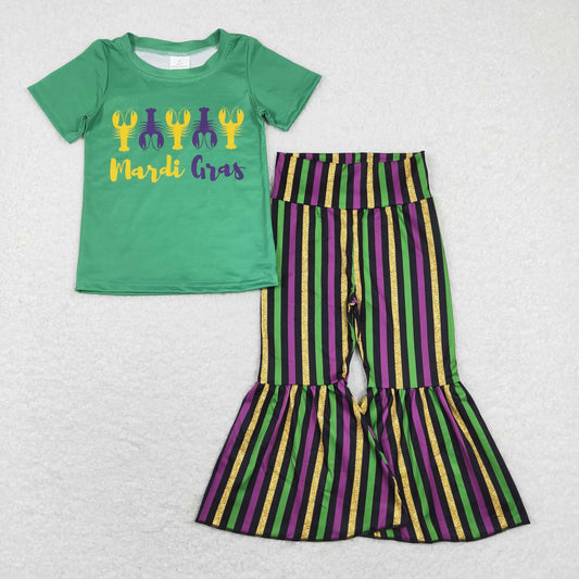 GSPO1391 2pcs Mardi Gras Yellow Green Crawfish purple 2Pcs  Girls Short Sleeve Pants Outfits