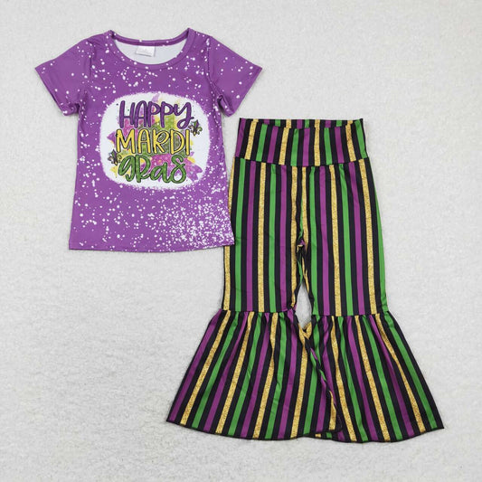 GSPO1393 2pcs Mardi Gras Yellow Green  purple 2Pcs  Girls Short Sleeve Pants Outfits