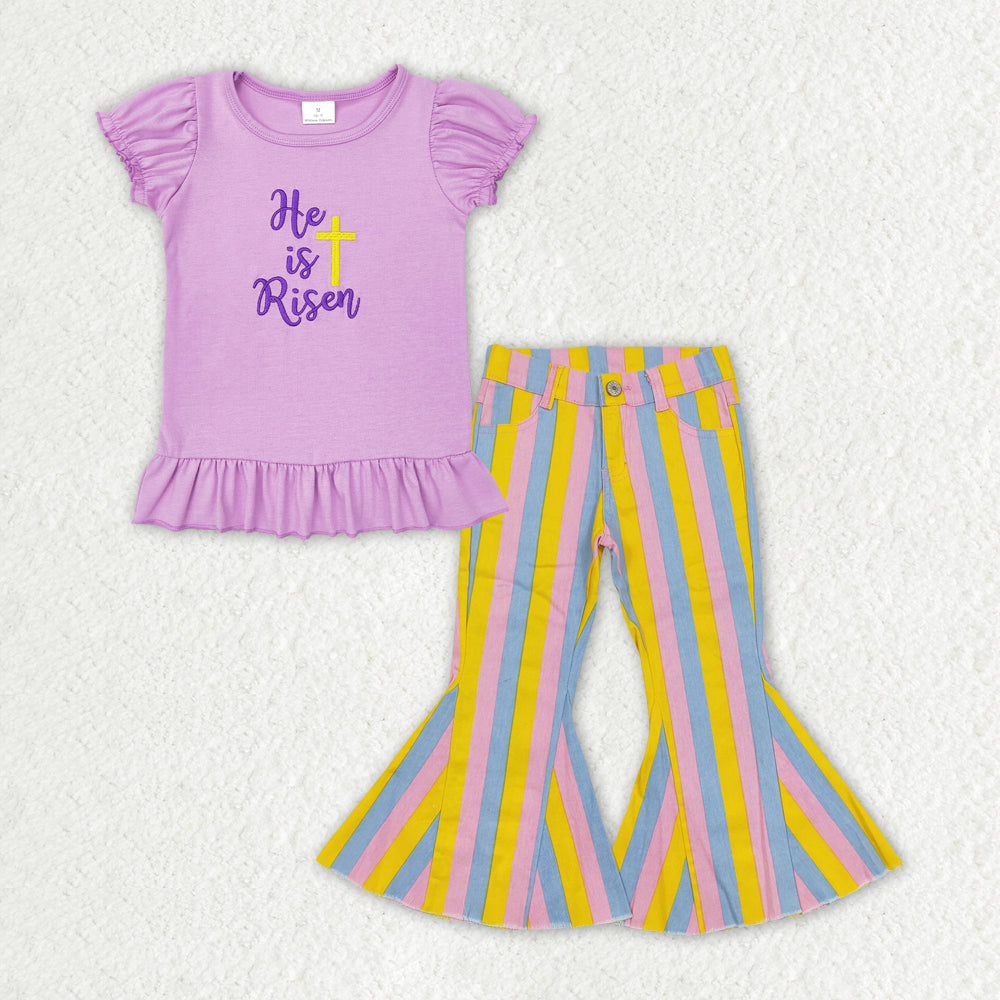 GSPO1407  2Pcs purple easter Yellow Denim Girls Short Sleeve Bell Bottom Pants Outfits