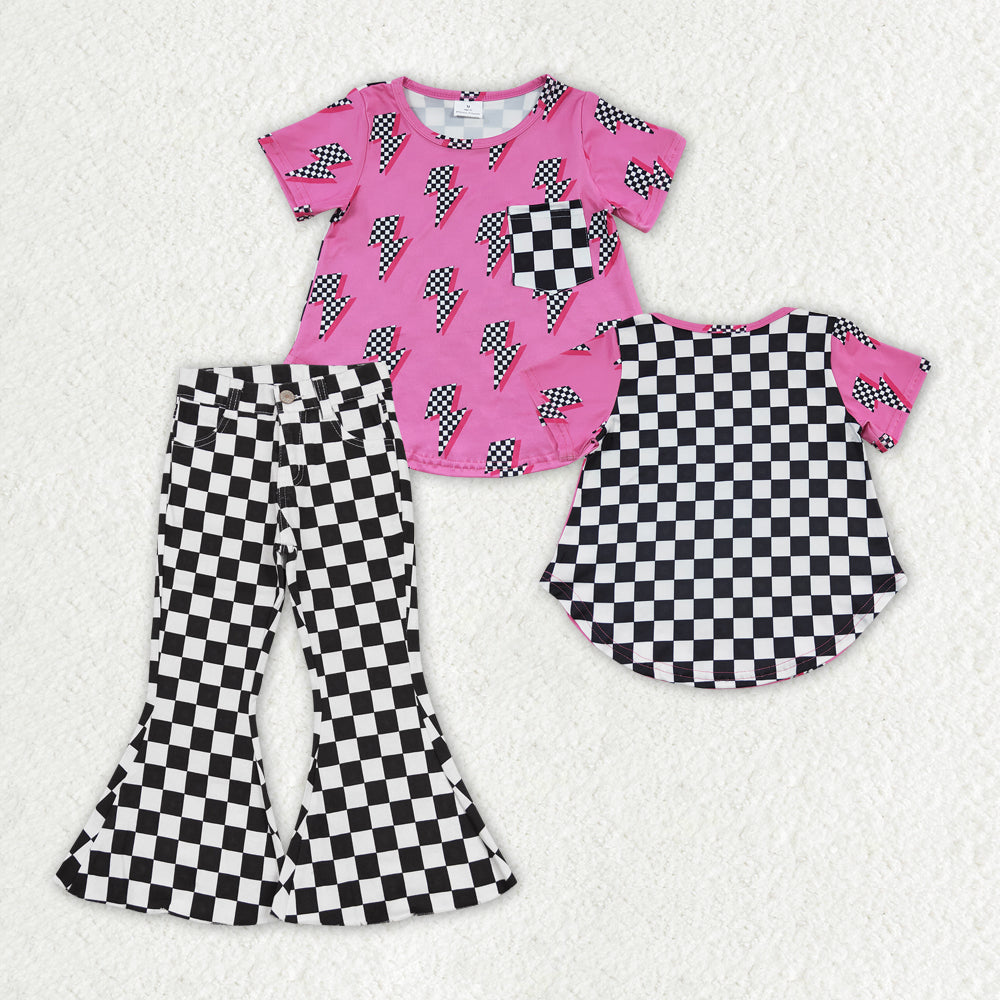 GSPO1411  2Pcs Pink Black Denim Girls Short Sleeve Bell Bottom Pants Outfits