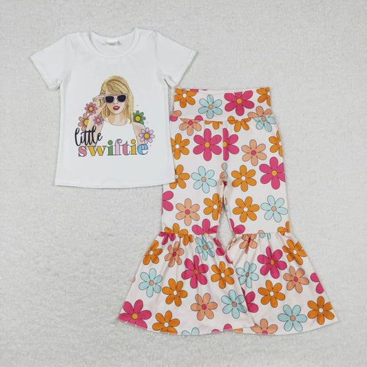 GSPO1429 Taylor white short sleeve flower bell bottom pants set Baby Girl boutique outfit 20240402 RTS