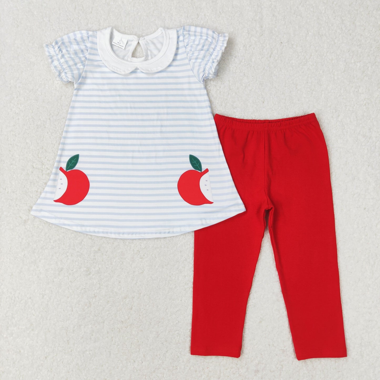GSPO1446 Apple striped doll collar short sleeve red pantsuit high quality wholesale girls clothing sets 6to 7 year