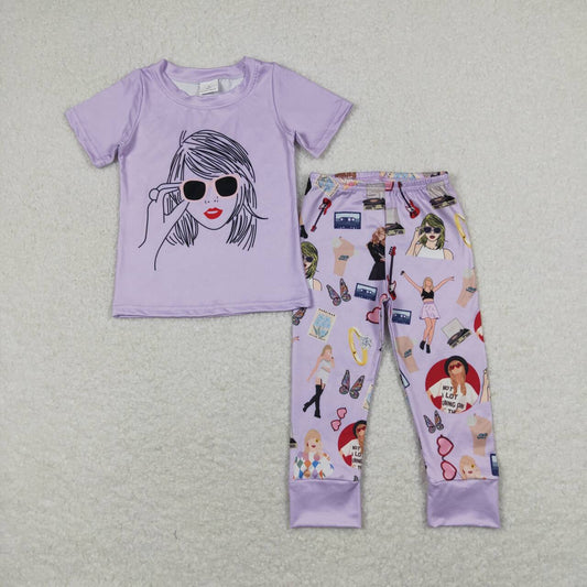 GSPO1452 2pcs Swift Singer Purple Short Sleeve Pants Girls Outfits RTS 202508