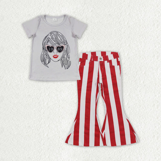 GSPO1458 2pcs Swift Singer Red Stripe Jeans Girls Short Sleeve Bell Bottom Denim Pants Outfits RTS 202507