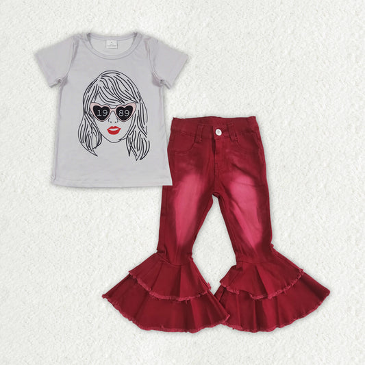 GSPO1459 2pcs Swift Singer Red Jeans Girls Short Sleeve Bell Bottom Denim Pants Outfits RTS 202507