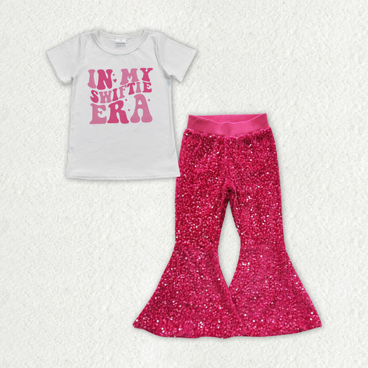GSPO1468 2pcs Swift Singer White Short Sleeve Rose Red Sequined Bell Bottom Pants Outfits RTS 202507
