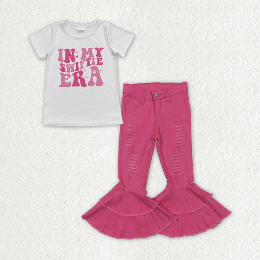 GSPO1469 2pcs Swift Singer Girls Short Sleeve Rose Red Bell Bottom Denim Pants Outfits RTS 202507