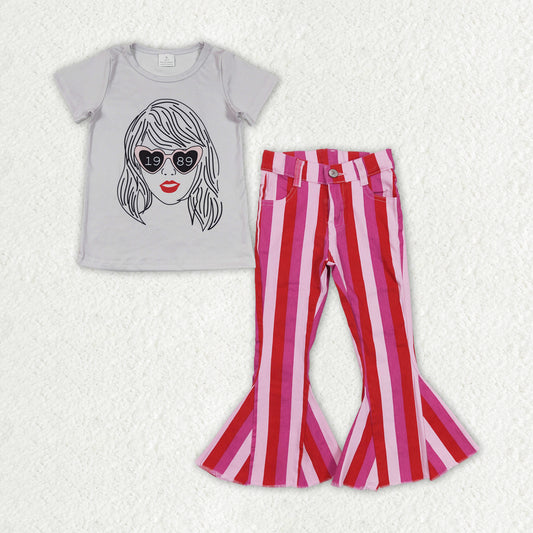 GSPO1470 2pcs Swift Singer Girls Short Sleeve Rose Red Stripe Bell Bottom Denim Pants Outfits RTS 202507