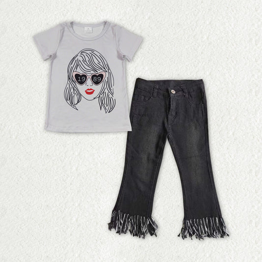 GSPO1471 2pcs Swift Singer Girls Short Sleeve Black Tassels Denim Pants Outfits RTS 202507