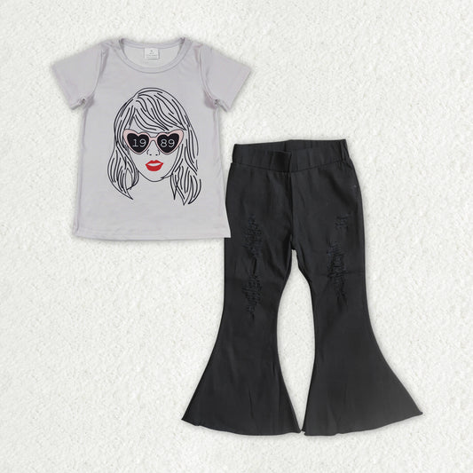 GSPO1472 2pcs Swift Singer Girls Short Sleeve Black Bell Bottom Denim Pants Outfits RTS 202507