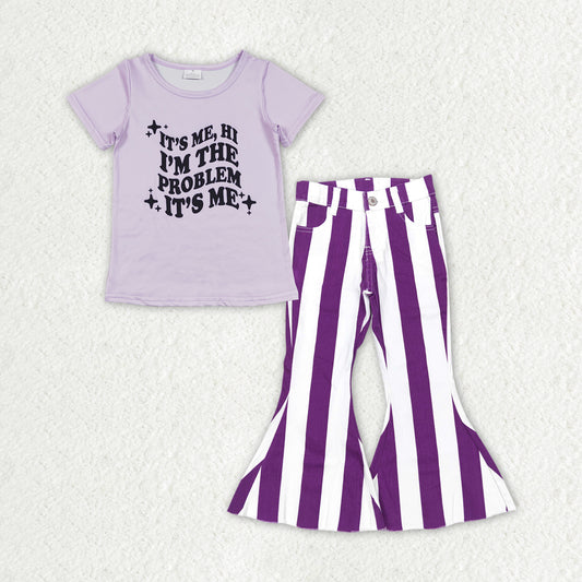 GSPO1476 2pcs Swift Singer Purple Stripe Jeans Girls Short Sleeve Bell Bottom Denim Pants Outfits RTS 202507