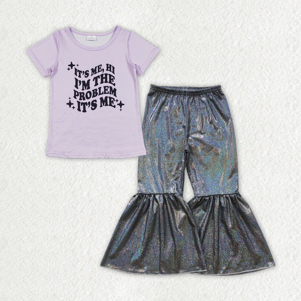 GSPO1479 2pcs Gray Purple Short Sleeve Satin Fabric Gilding Black Bell Bottom Pants Outfits RTS 202507