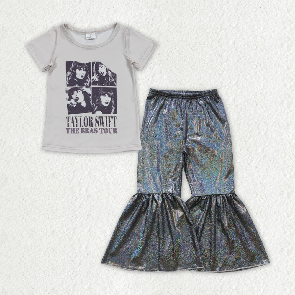 GSPO1482 2pcs taylor swift Gray Short Sleeve Satin Fabric Gilding Black Bell Bottom Pants Outfits RTS 202507