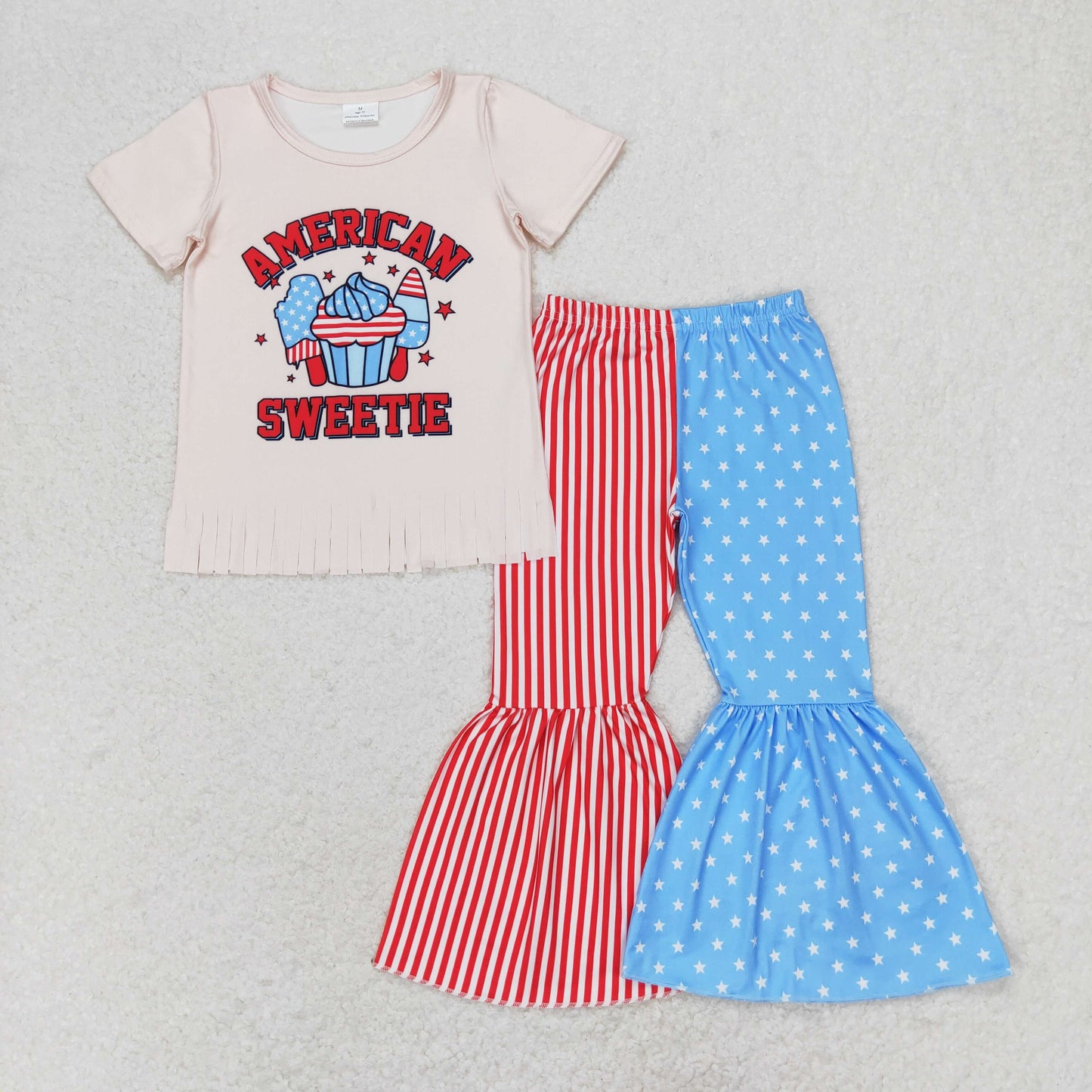 GSPO1485 american sweetie ice cream cream tassel short sleeve stitching pants set high quality wholesale teen girls clothing set