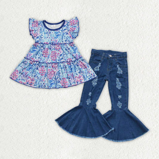 GSPO1498 2pcs Flower Blue Flying Sleeve Ripped Denim Pants Girls Outfits 202508 RTS
