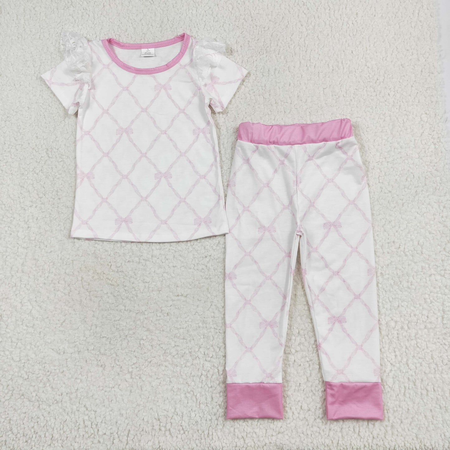 GSPO1517 Modal bow-patterned pink-and-white short-sleeved pant pajama set girls clothing sets 6-7 years