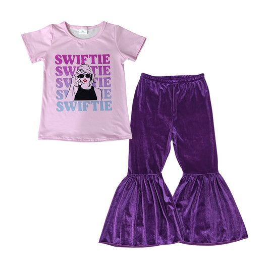 GSPO1518 swiftie letter pink short-sleeved purple velvet bell bottom pants girl sets RTS 202508