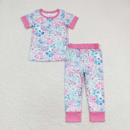 GSPO1550 Seaweed powder white short-sleeved trousers pajamas set baby girls clothing sets