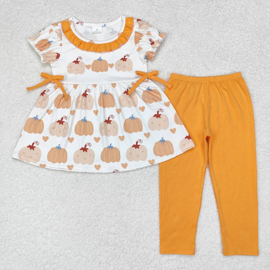 GSPO1566 NO MOQ Pumpkin Love short sleeve pantsuit with Orange lace bow western clothes