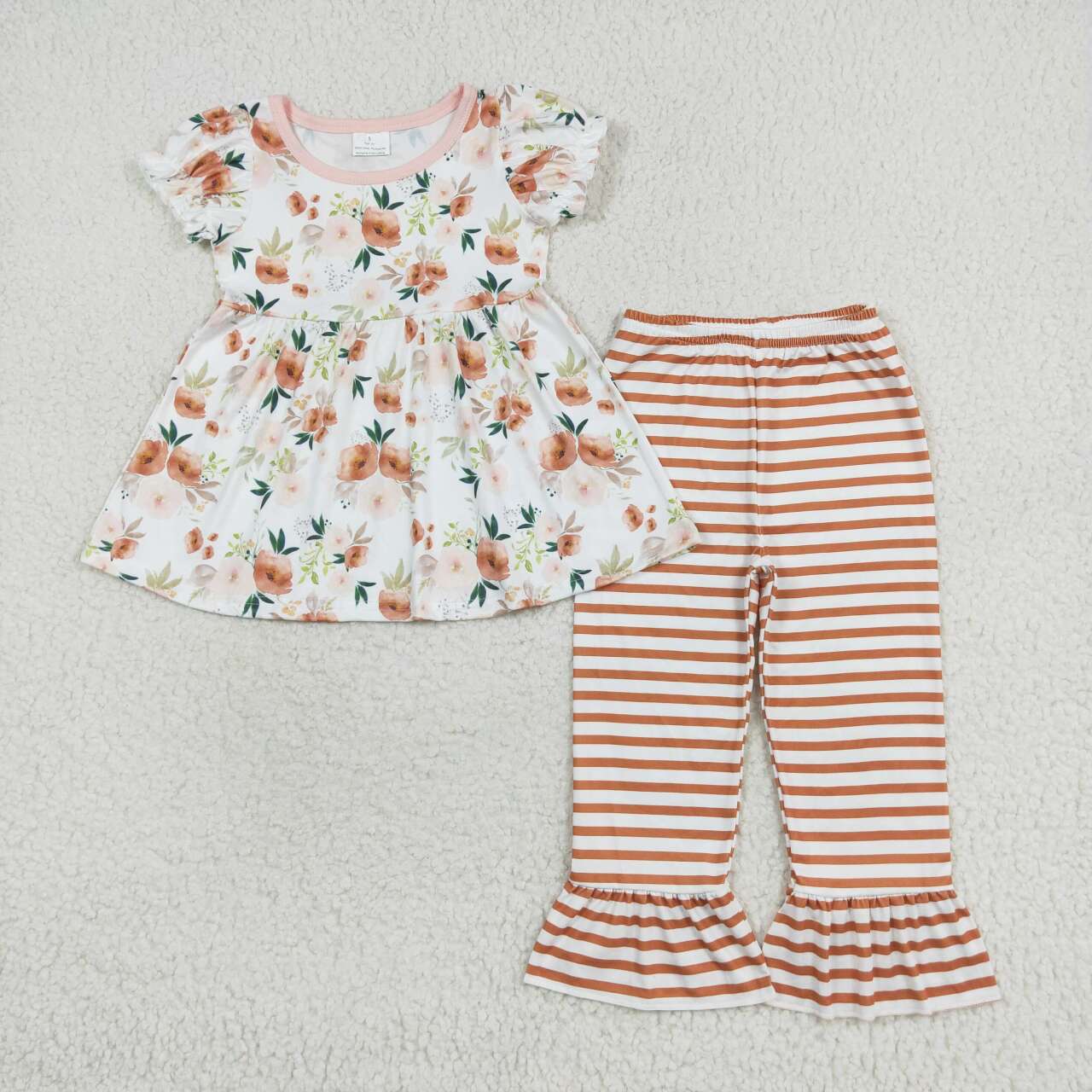 GSPO1570 Floral white short sleeve orange striped pantsuit girls casual clothing sets 5-12years cute
