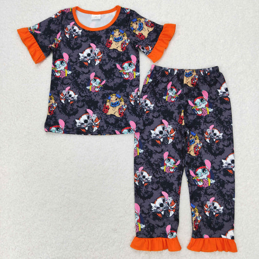 GSPO1580 Halloween Steedy Bat Orange Lace black gray short sleeve pants pajamas set