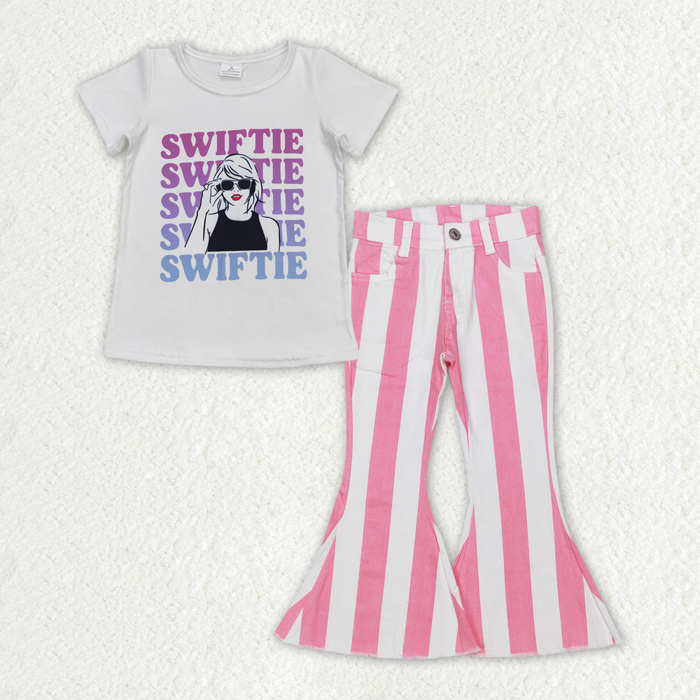 GSPO1597 white short sleeve Pink and white striped jeans