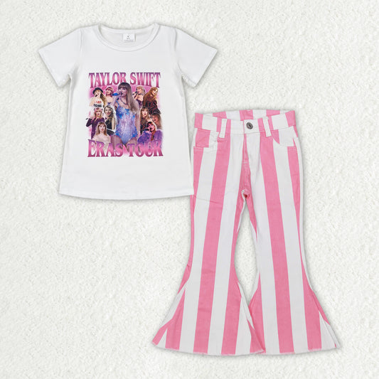 GSPO1598 Head print white short sleeve Pink and white striped jeans